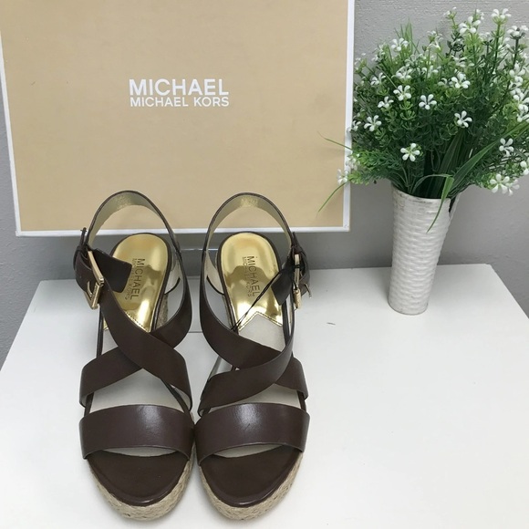 Michael Kors Giovanna Brown Leather Platform Espadrille Wedge - New - Size 9 - Picture 2 of 2